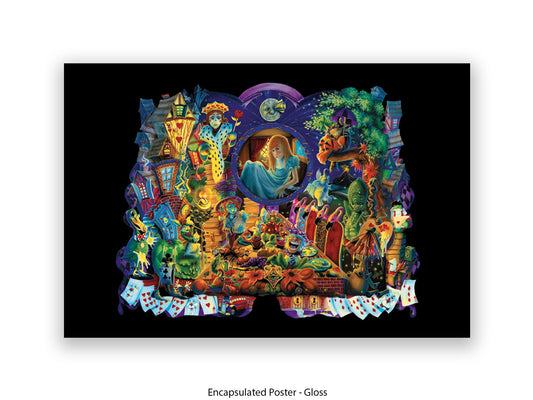 Alice in Wonderland Dark Fantasy Art Poster - Gothic Psychedelic Illustration with Queen of Hearts, Creatures & Playing Cards Print