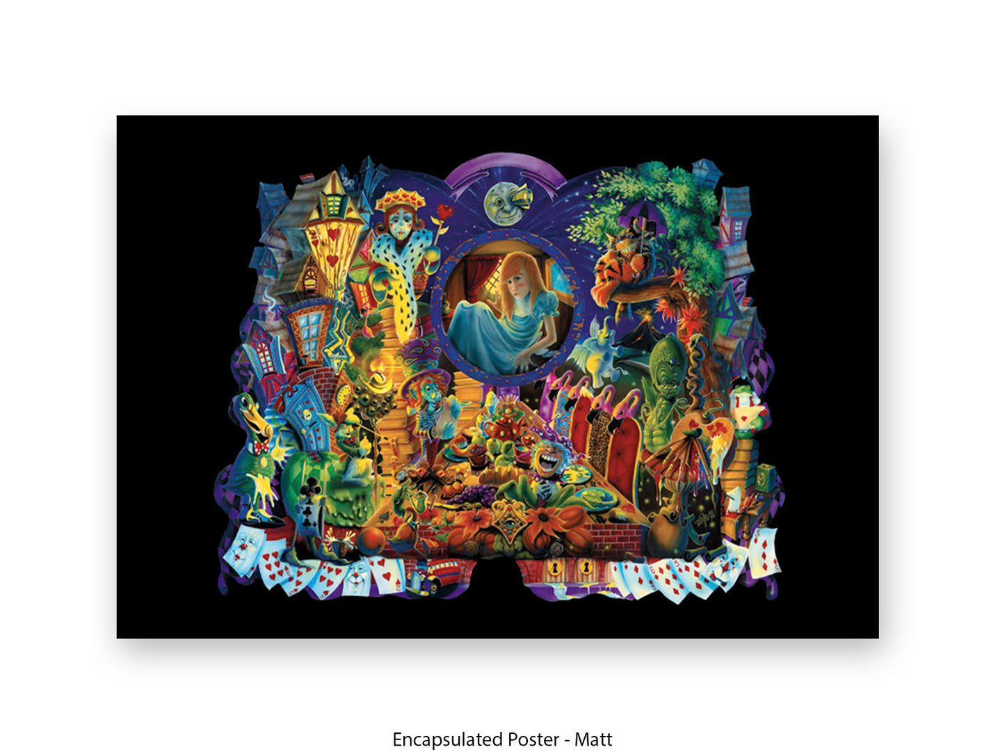 Alice in Wonderland Dark Fantasy Art Poster - Gothic Psychedelic Illustration with Queen of Hearts, Creatures & Playing Cards Print