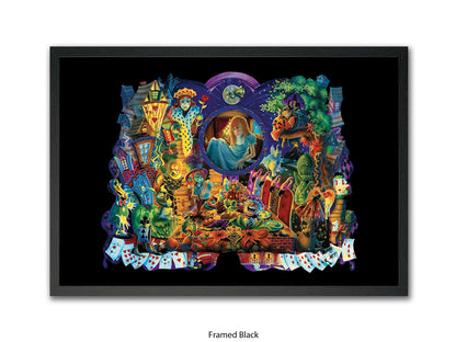 Alice in Wonderland Dark Fantasy Art Poster - Gothic Psychedelic Illustration with Queen of Hearts, Creatures & Playing Cards Print
