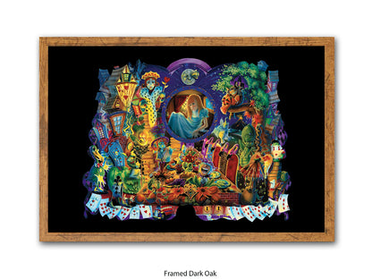 Alice in Wonderland Dark Fantasy Art Poster - Gothic Psychedelic Illustration with Queen of Hearts, Creatures & Playing Cards Print