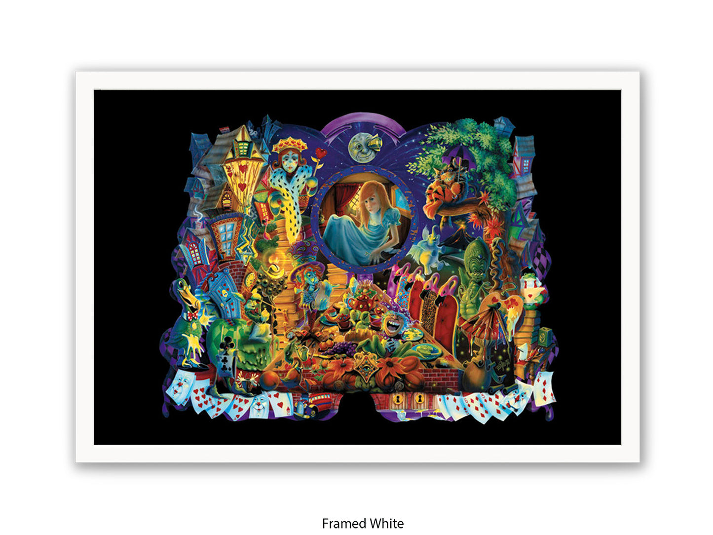 Alice in Wonderland Dark Fantasy Art Poster - Gothic Psychedelic Illustration with Queen of Hearts, Creatures & Playing Cards Print