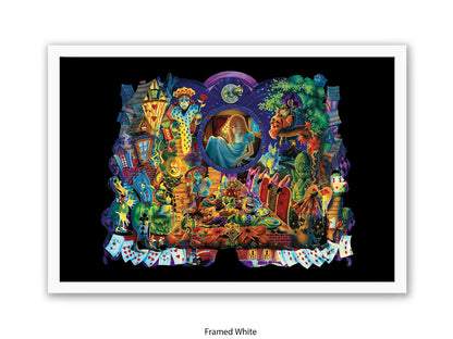 Alice in Wonderland Dark Fantasy Art Poster - Gothic Psychedelic Illustration with Queen of Hearts, Creatures & Playing Cards Print