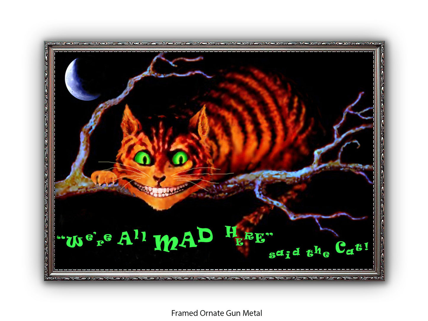 Cheshire Cat "We're All Mad Here" Poster Ð Dark Alice in Wonderland Glow Art Print with Crescent Moon