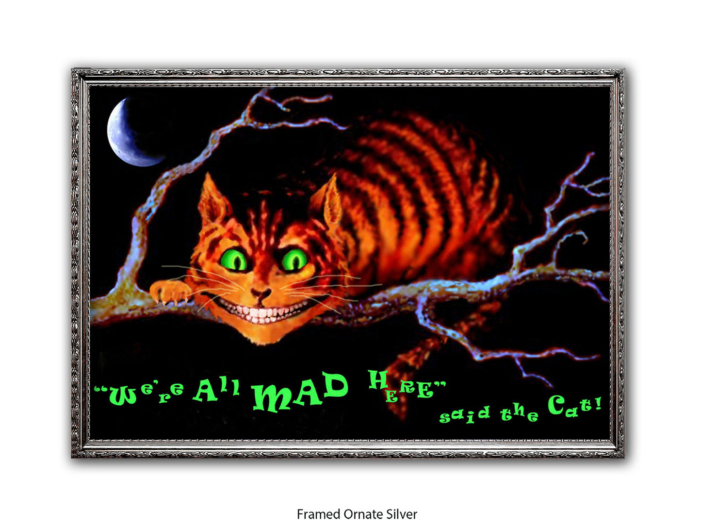 Cheshire Cat "We're All Mad Here" Poster Ð Dark Alice in Wonderland Glow Art Print with Crescent Moon