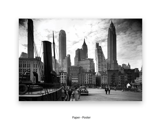 Vintage New York City Skyline Poster | 1930s Manhattan Waterfront Black & White 