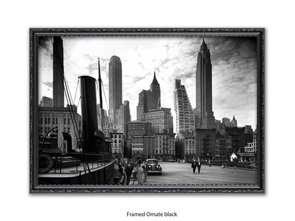 Vintage New York City Skyline Poster | 1930s Manhattan Waterfront Black & White