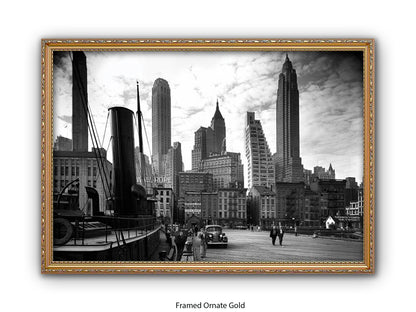 Vintage New York City Skyline Poster | 1930s Manhattan Waterfront Black & White
