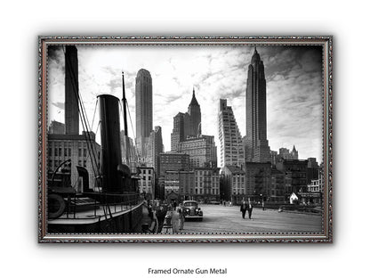 Vintage New York City Skyline Poster | 1930s Manhattan Waterfront Black & White