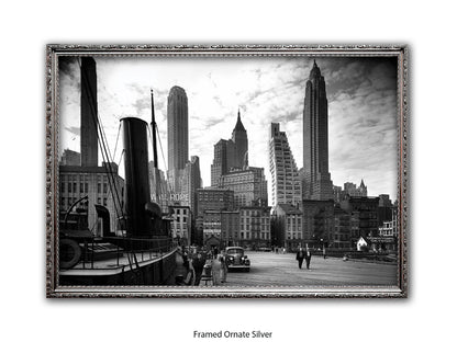 Vintage New York City Skyline Poster | 1930s Manhattan Waterfront Black & White