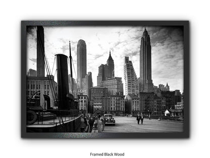 Vintage New York City Skyline Poster | 1930s Manhattan Waterfront Black & White