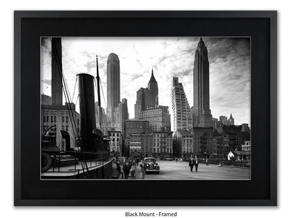 Vintage New York City Skyline Poster | 1930s Manhattan Waterfront Black & White