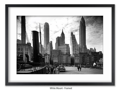 Vintage New York City Skyline Poster | 1930s Manhattan Waterfront Black & White