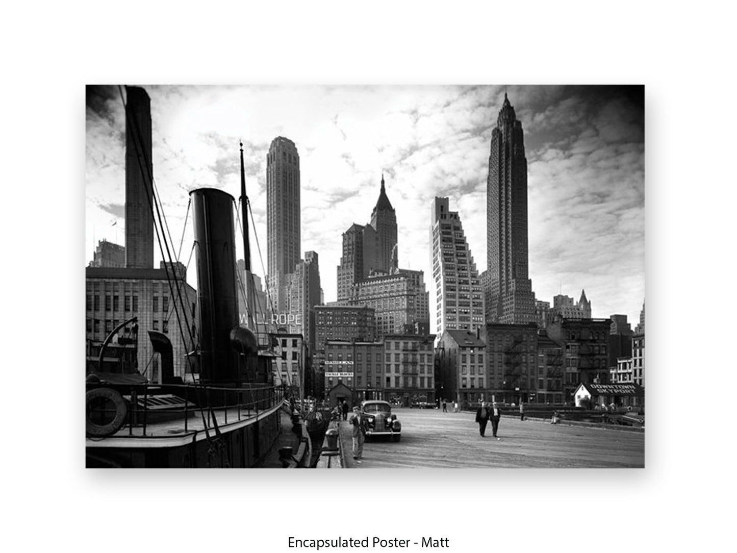 Vintage New York City Skyline Poster | 1930s Manhattan Waterfront Black & White