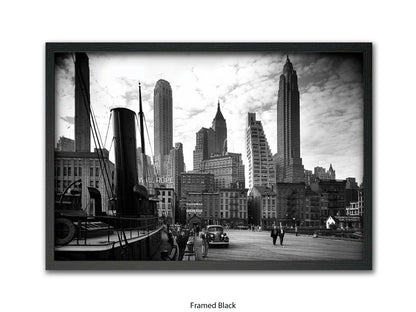 Vintage New York City Skyline Poster | 1930s Manhattan Waterfront Black & White