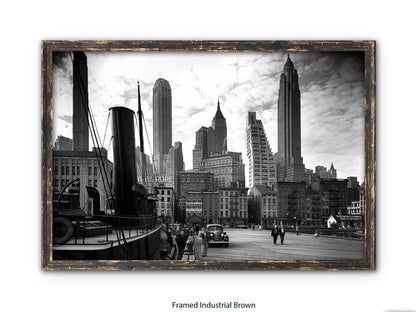 Vintage New York City Skyline Poster | 1930s Manhattan Waterfront Black & White