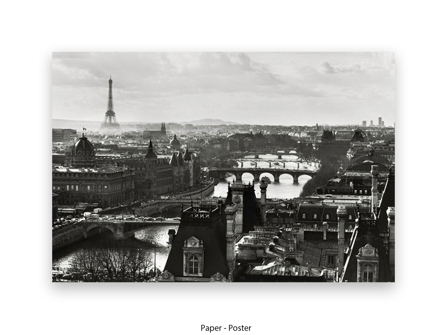 Black and white aerial Paris cityscape poster print showing Eiffel Tower in misty distance with River Seine bridges and Haussmann rooftops in foreground