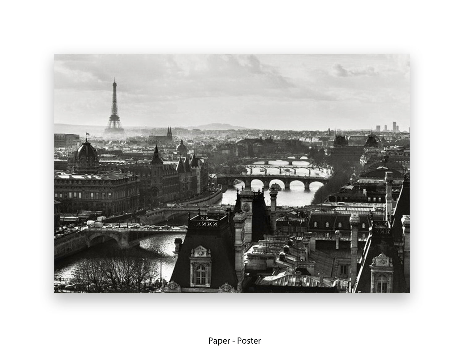 Black and white aerial Paris cityscape poster print showing Eiffel Tower in misty distance with River Seine bridges and Haussmann rooftops in foreground