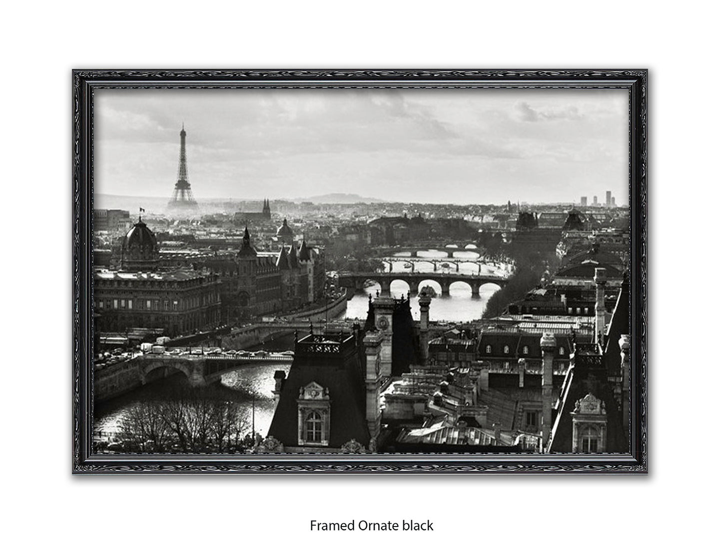 Paris - Aerial Black & White Cityscape | Eiffel Tower & River Seine | Poster