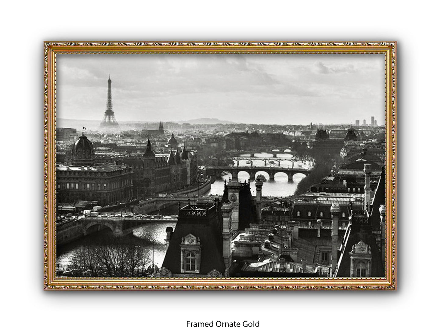 Paris - Aerial Black & White Cityscape | Eiffel Tower & River Seine | Poster