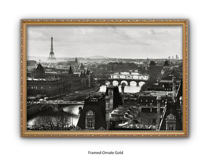 Paris - Aerial Black & White Cityscape | Eiffel Tower & River Seine | Poster