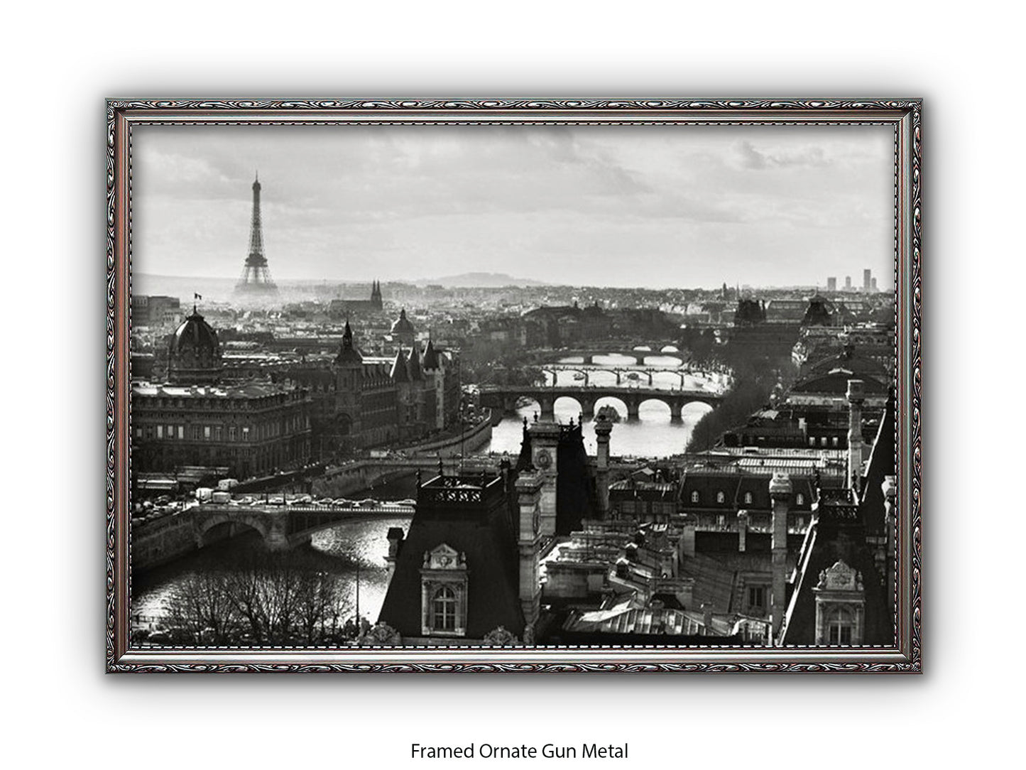 Paris - Aerial Black & White Cityscape | Eiffel Tower & River Seine | Poster