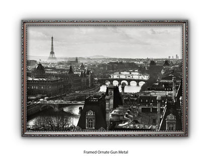 Paris - Aerial Black & White Cityscape | Eiffel Tower & River Seine | Poster