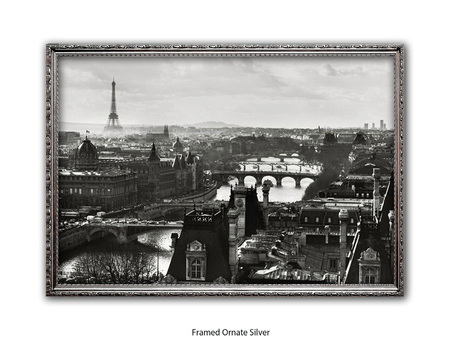 Paris - Aerial Black & White Cityscape | Eiffel Tower & River Seine | Poster