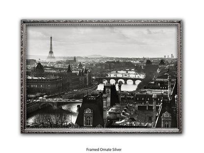Paris - Aerial Black & White Cityscape | Eiffel Tower & River Seine | Poster