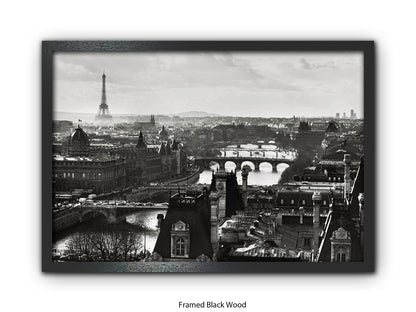 Paris - Aerial Black & White Cityscape | Eiffel Tower & River Seine | Poster