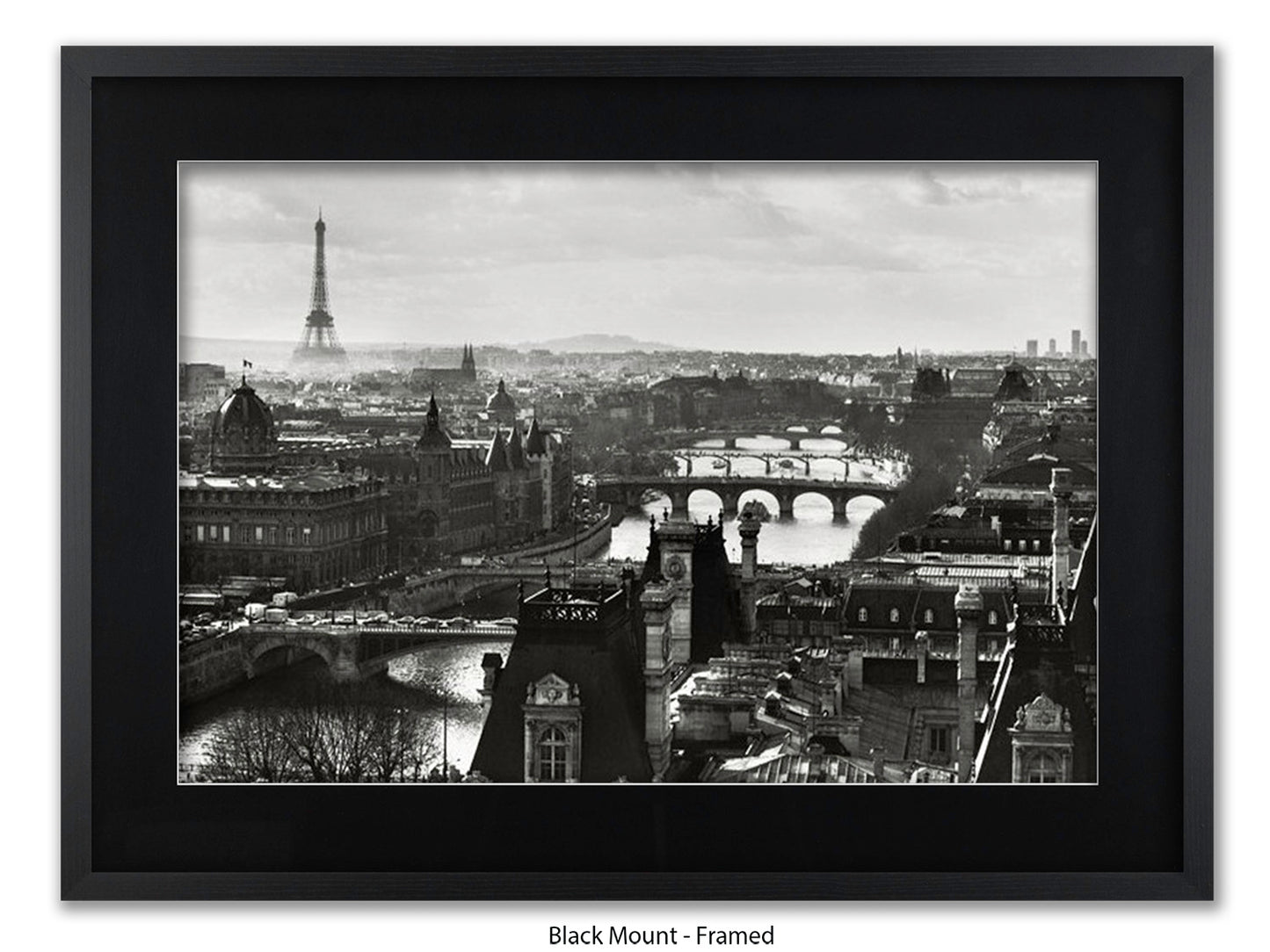 Paris - Aerial Black & White Cityscape | Eiffel Tower & River Seine | Poster