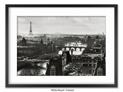 Paris - Aerial Black & White Cityscape | Eiffel Tower & River Seine | Poster