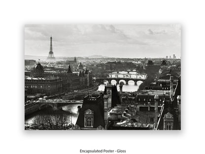 Paris - Aerial Black & White Cityscape | Eiffel Tower & River Seine | Poster