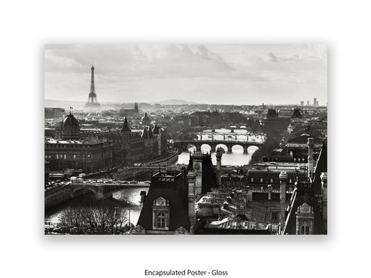 Paris - Aerial Black & White Cityscape | Eiffel Tower & River Seine | Poster
