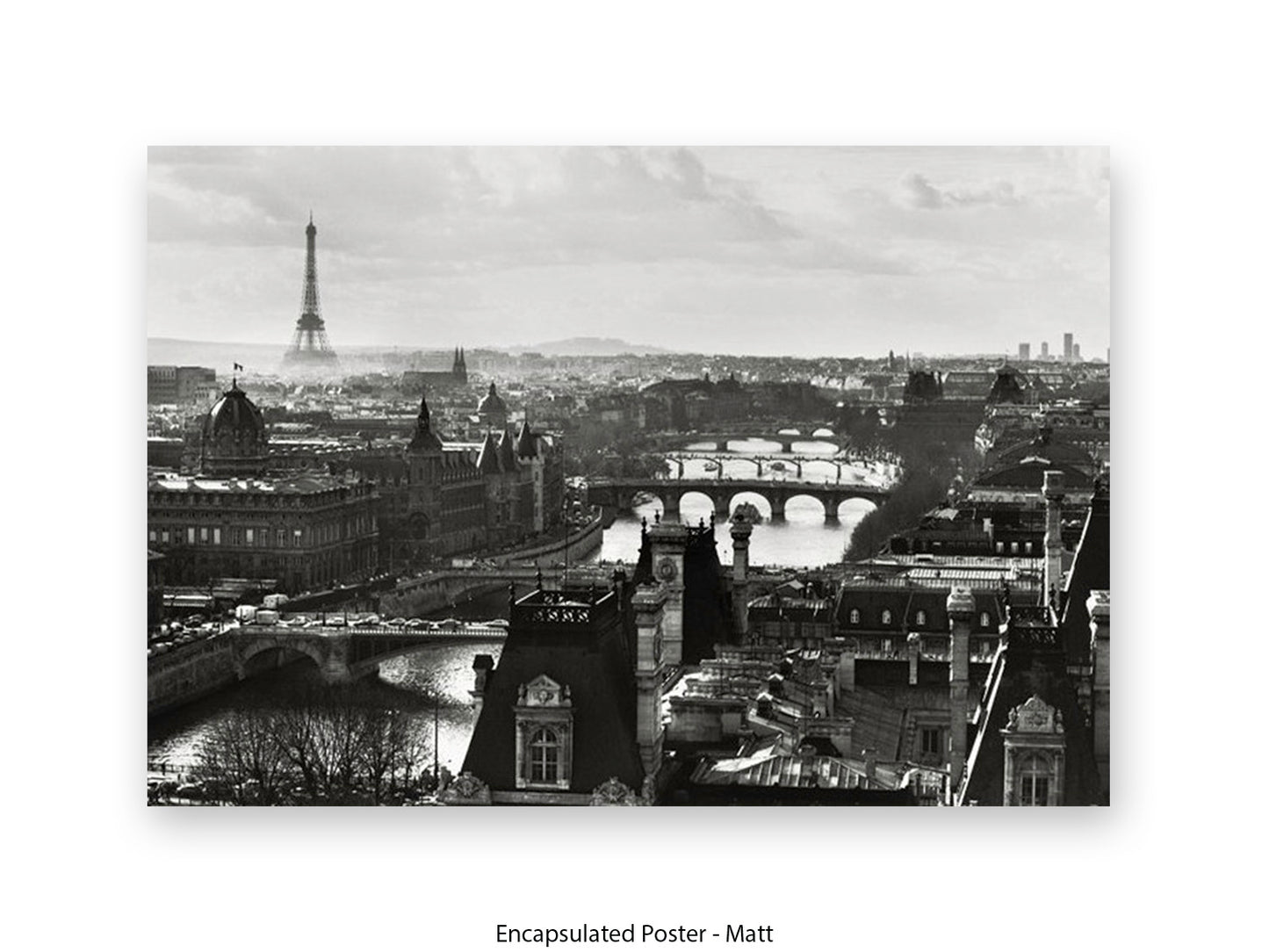 Paris - Aerial Black & White Cityscape | Eiffel Tower & River Seine | Poster