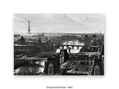 Paris - Aerial Black & White Cityscape | Eiffel Tower & River Seine | Poster