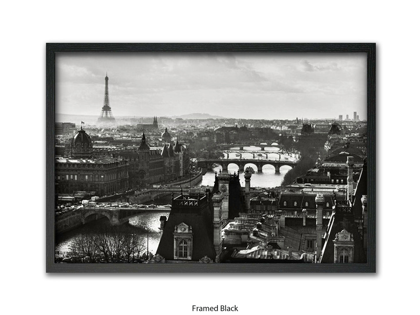 Paris - Aerial Black & White Cityscape | Eiffel Tower & River Seine | Poster