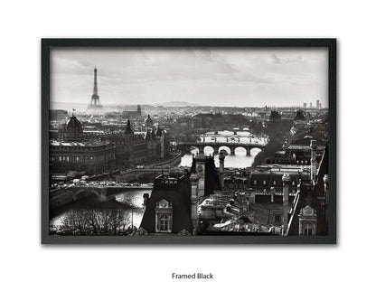 Paris - Aerial Black & White Cityscape | Eiffel Tower & River Seine | Poster