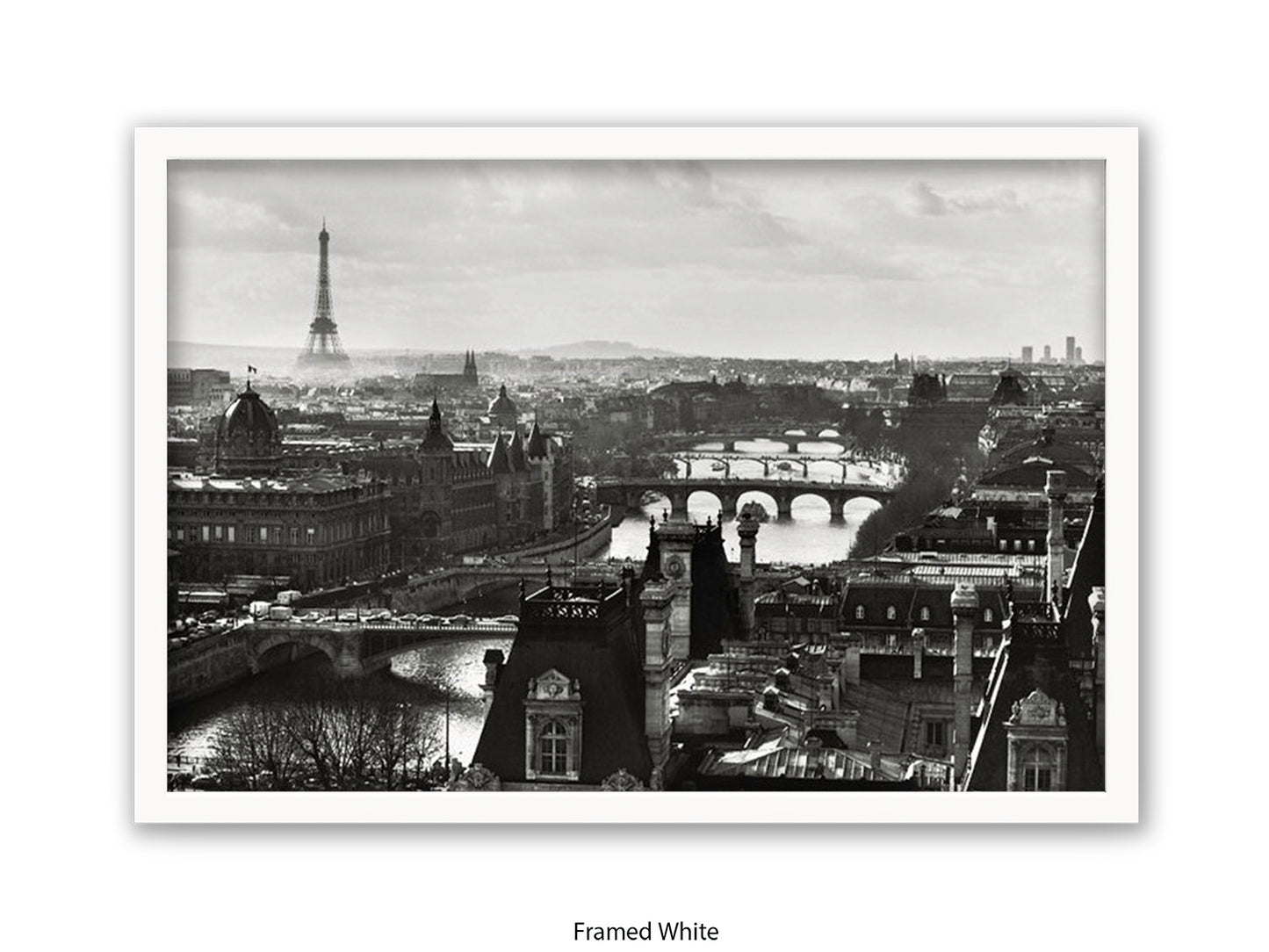 Paris - Aerial Black & White Cityscape | Eiffel Tower & River Seine | Poster