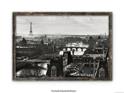 Paris - Aerial Black & White Cityscape | Eiffel Tower & River Seine | Poster
