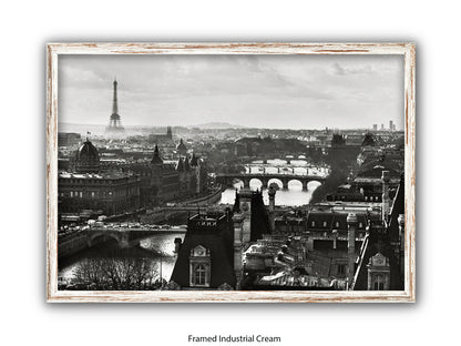 Paris - Aerial Black & White Cityscape | Eiffel Tower & River Seine | Poster