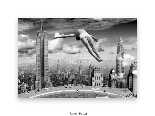 Surrealist New York Diver Poster | Vintage NYC Skyline Wall Art | Black & White Photomontage 


