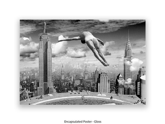 Surrealist New York Diver Poster | Vintage NYC Skyline Wall Art | Black & White Photomontage