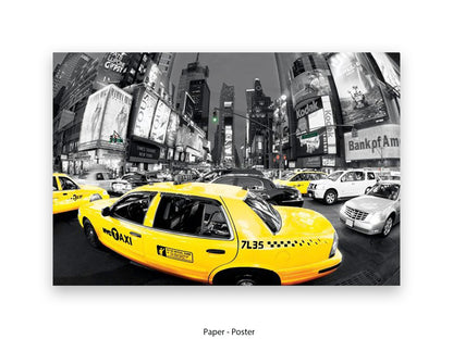 Selective color poster of a yellow NYC taxi in a black and white Times Square, New York City, featuring a wide-angle view of skyscrapers and billboards