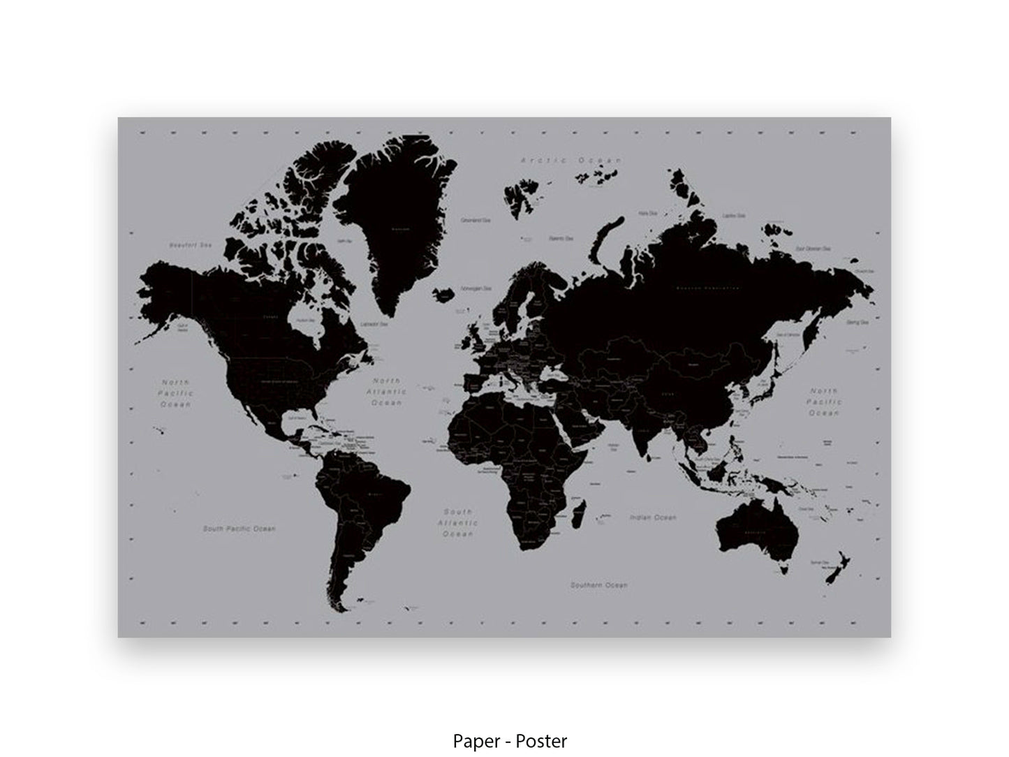World Map | Black and Silver Minimalist | Wall Decor Poster
