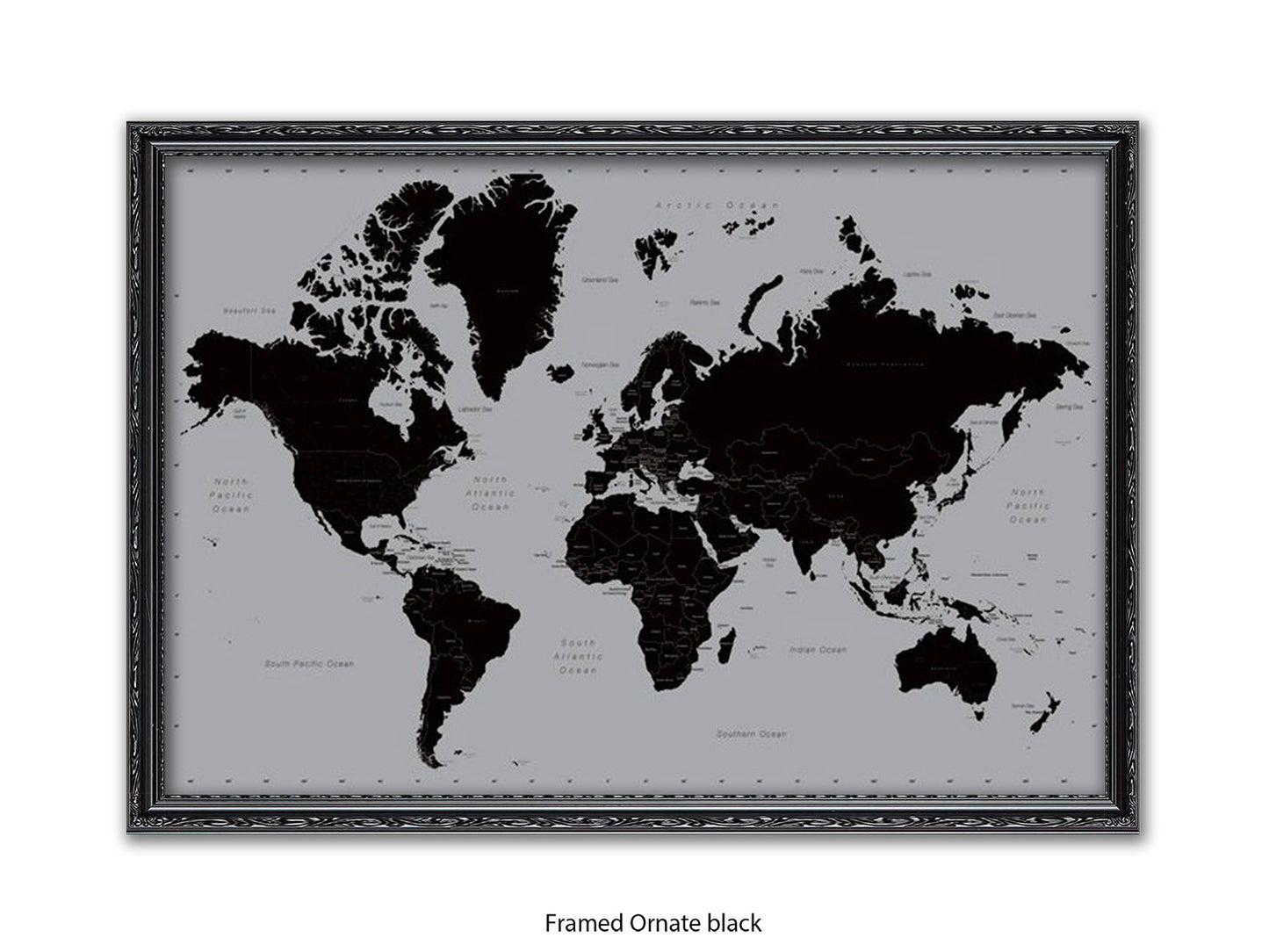 World Map | Black and Silver Minimalist | Wall Decor Poster
