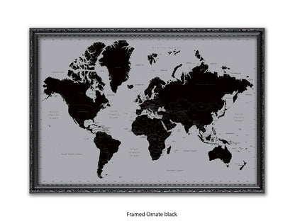 World Map | Black and Silver Minimalist | Wall Decor Poster