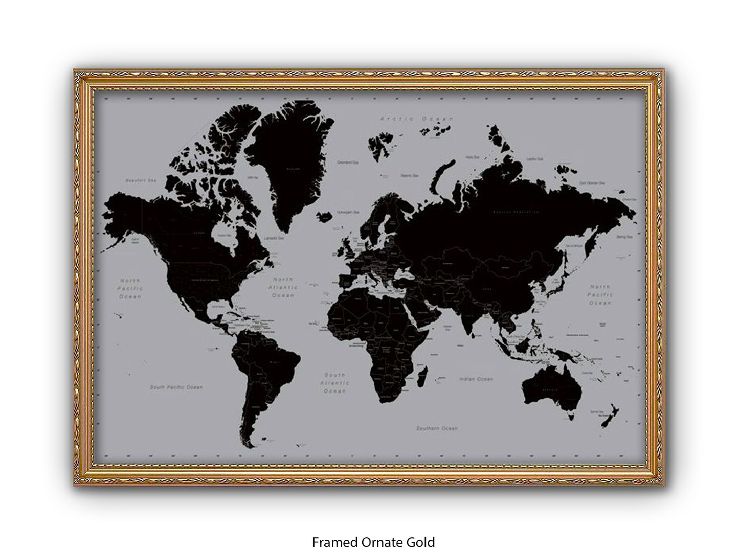 World Map | Black and Silver Minimalist | Wall Decor Poster