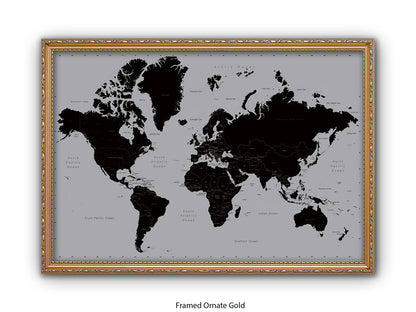 World Map | Black and Silver Minimalist | Wall Decor Poster
