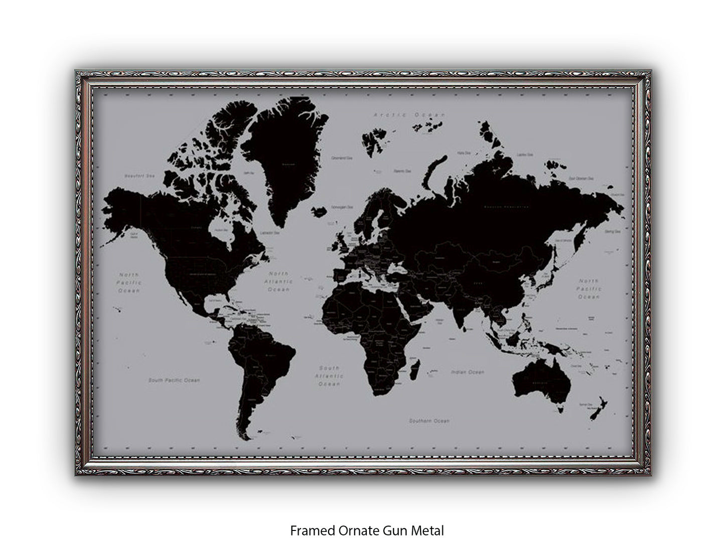 World Map | Black and Silver Minimalist | Wall Decor Poster