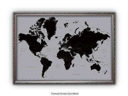 World Map | Black and Silver Minimalist | Wall Decor Poster